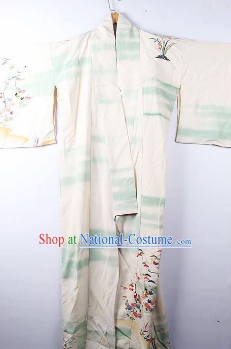 Asian Japanese Palace Classical Orchid Pattern Beige Furisode Kimono Ceremony Costume Traditional Japan Yukata Dress for Women