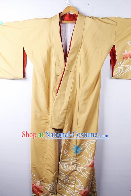 Asian Japanese Palace Classical Maple Leaf Pattern Yellow Furisode Kimono Ceremony Costume Traditional Japan Yukata Dress for Women