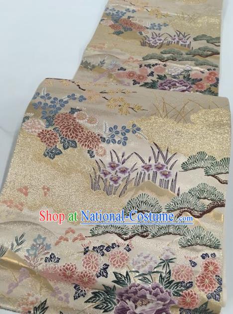 Japanese Traditional Classical Pine Chrysanthemum Pattern Golden Waistband Kimono Brocade Accessories Asian Japan Yukata Belt for Women