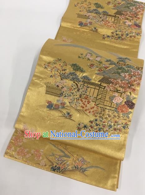 Japanese Traditional Classical Peony Orchid Pattern Golden Waistband Kimono Brocade Accessories Asian Japan Yukata Belt for Women