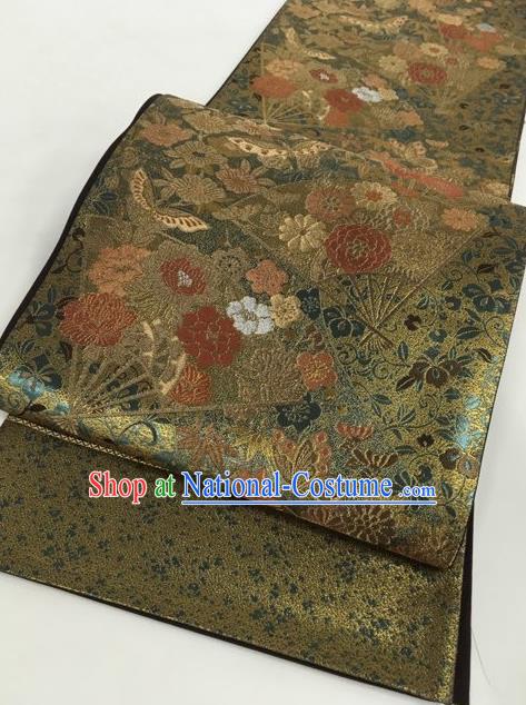 Japanese Traditional Classical Butterfly Peony Pattern Olive Green Waistband Kimono Brocade Accessories Asian Japan Yukata Belt for Women