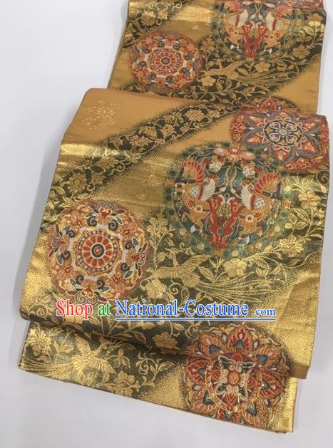 Japanese Traditional Classical Phoenix Primrose Pattern Golden Waistband Kimono Brocade Accessories Asian Japan Yukata Belt for Women