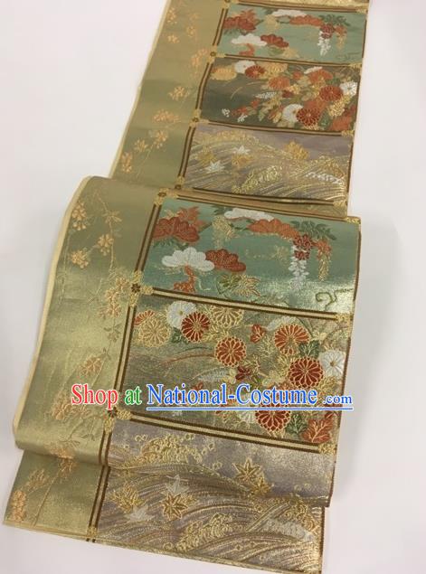 Japanese Traditional Classical Chrysanthemum Pattern Olive Green Waistband Kimono Brocade Accessories Asian Japan Yukata Belt for Women