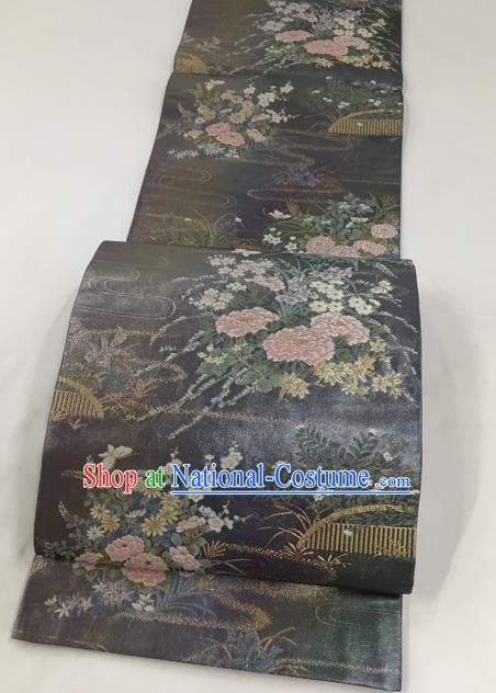 Japanese Traditional Classical Peony Pattern Deep Grey Waistband Kimono Brocade Accessories Asian Japan Yukata Belt for Women