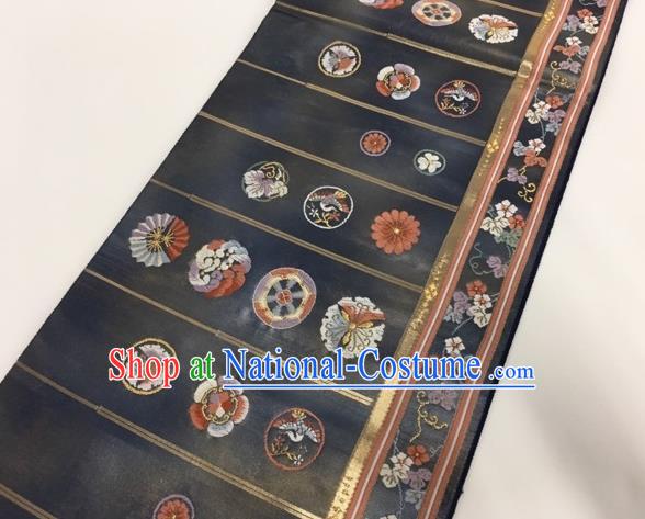 Japanese Traditional Classical Sakura Cornflower Pattern Black Waistband Kimono Brocade Accessories Asian Japan Yukata Belt for Women