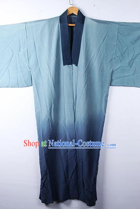 Asian Japanese Classical Eagle Pattern Blue Yukata Robe Traditional Japan Kimono Costume for Men