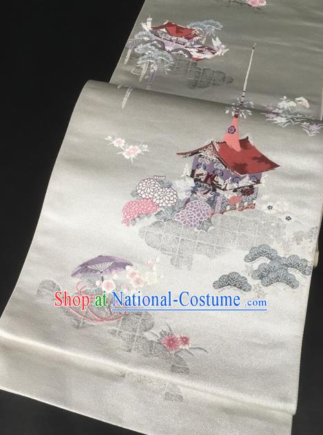 Japanese Traditional Classical Chrysanthemum Sakura Pattern White Waistband Kimono Brocade Accessories Asian Japan Yukata Belt for Women