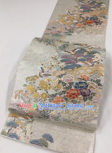 Japanese Traditional Classical Plum Peony Pattern Argent Waistband Kimono Brocade Accessories Asian Japan Yukata Belt for Women