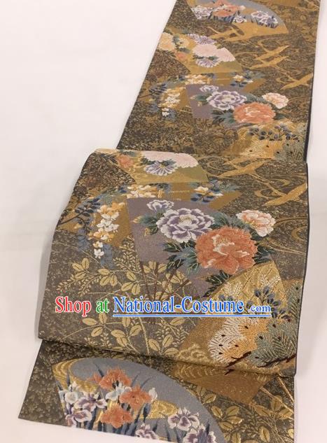 Japanese Traditional Classical Cornflower Peony Pattern Brown Waistband Kimono Brocade Accessories Asian Japan Yukata Belt for Women