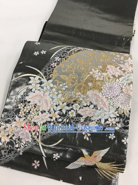 Japanese Traditional Classical Chrysanthemum Phoenix Pattern Black Waistband Kimono Brocade Accessories Asian Japan Yukata Belt for Women