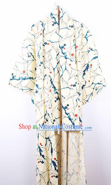 Asian Japanese Ceremony Palace Printing Beige Kimono Traditional Japan Yukata Dress for Women