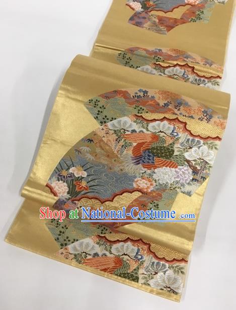 Japanese Traditional Classical Phoenix Peony Pattern Golden Waistband Kimono Brocade Accessories Asian Japan Yukata Belt for Women