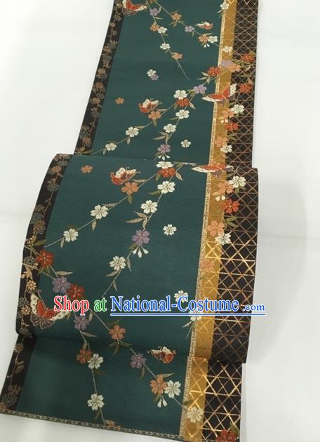 Japanese Traditional Classical Sakura Pattern Atrovirens Waistband Kimono Brocade Accessories Asian Japan Yukata Belt for Women