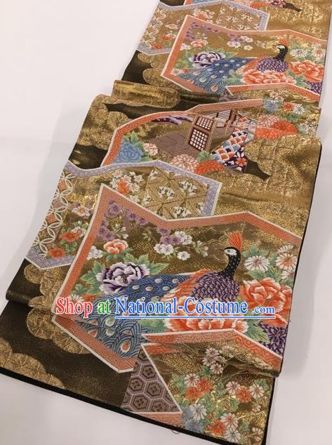 Japanese Traditional Classical Peacock Peony Pattern Brown Waistband Kimono Brocade Accessories Asian Japan Yukata Belt for Women