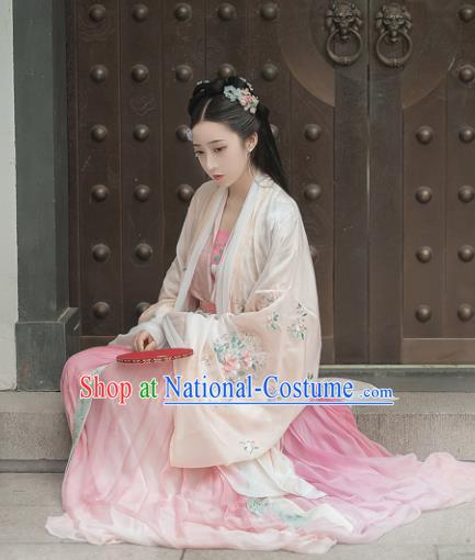 Chinese Traditional Tang Dynasty Court Princess Pink Hanfu Dress Ancient Legend Flower Goddess Replica Costume for Women