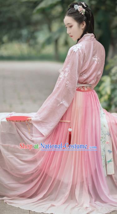 Chinese Traditional Tang Dynasty Court Princess Pink Hanfu Dress Ancient Legend Flower Goddess Replica Costume for Women