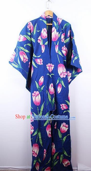 Asian Japanese Ceremony Printing Tulip Blue Kimono Dress Traditional Japan Yukata Costume for Women