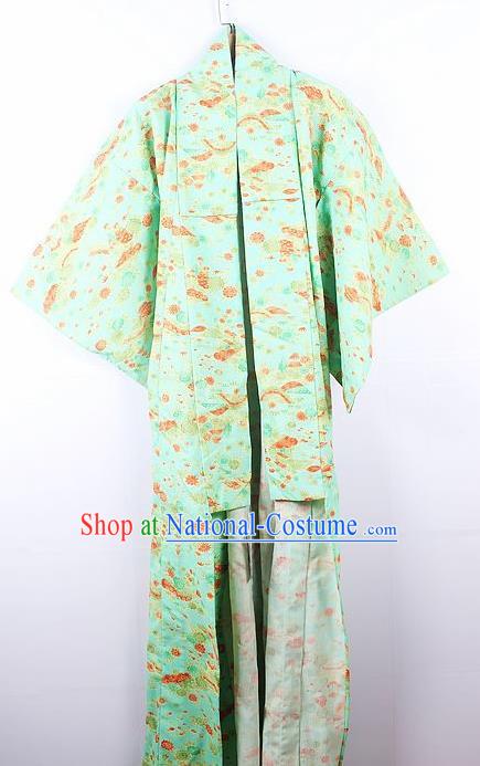 Asian Japanese Ceremony Printing Daisy Green Kimono Dress Traditional Japan Yukata Costume for Women