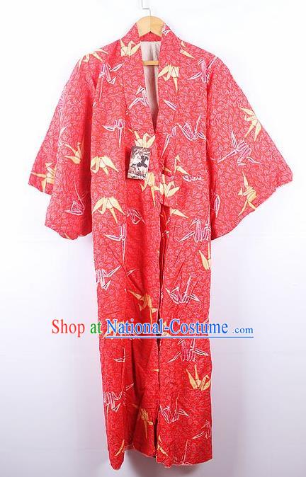 Asian Japanese Ceremony Printing Paper Crane Red Kimono Dress Traditional Japan Yukata Costume for Women