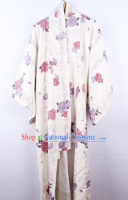 Asian Japanese Ceremony Printing Camellia White Kimono Dress Traditional Japan Yukata Costume for Women