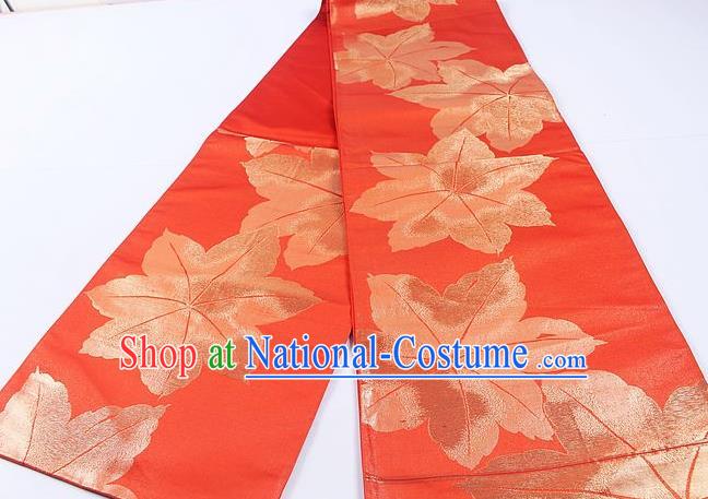 Japanese Traditional Classical Maple Leaf Pattern Red Waistband Kimono Brocade Accessories Asian Japan Yukata Belt for Women