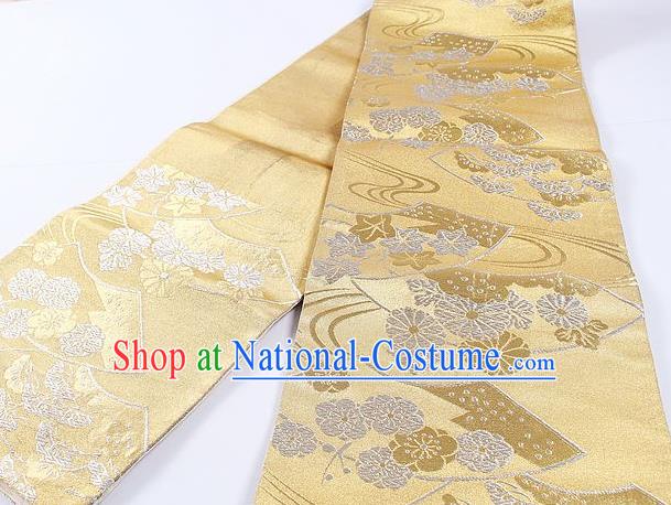 Japanese Traditional Classical Cornflower Maple Leaf Pattern Golden Waistband Kimono Brocade Accessories Asian Japan Yukata Belt for Women