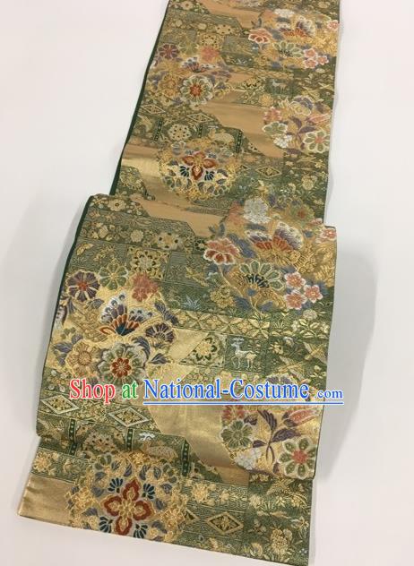 Japanese Traditional Classical Flowers Pattern Olive Green Waistband Kimono Brocade Accessories Asian Japan Yukata Belt for Women