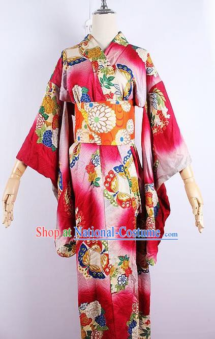 Asian Japanese Ceremony Printing Butterfly Rosy Kimono Dress Traditional Japan Yukata Costume for Women