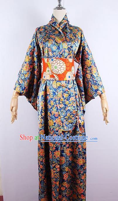 Asian Japanese Ceremony Printing Flowers Blue Kimono Dress Traditional Japan Yukata Costume for Women