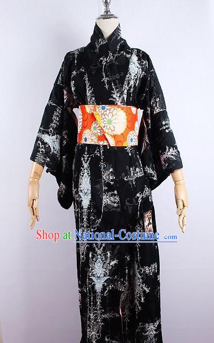 Asian Japanese Ceremony Printing Black Kimono Dress Traditional Japan Yukata Costume for Women