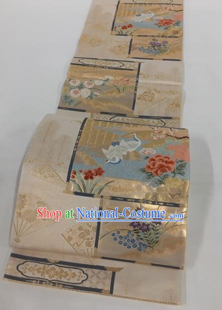 Japanese Traditional Classical Peony Crane Pattern Khaki Waistband Kimono Brocade Accessories Asian Japan Yukata Belt for Women