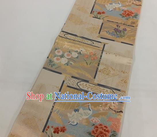 Japanese Traditional Classical Peony Crane Pattern Khaki Waistband Kimono Brocade Accessories Asian Japan Yukata Belt for Women