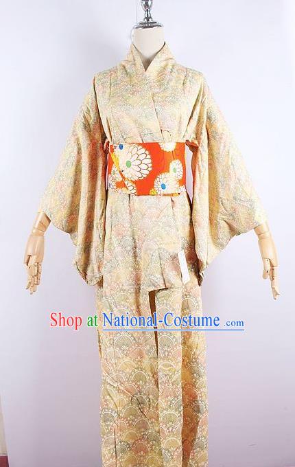 Asian Japanese Ceremony Printing Yellow Kimono Dress Traditional Japan Yukata Costume for Women