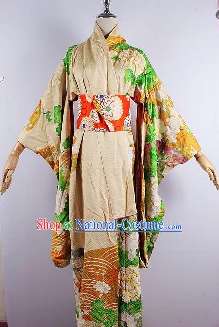 Asian Japanese Ceremony Printing Peony Kimono Dress Traditional Japan Yukata Costume for Women