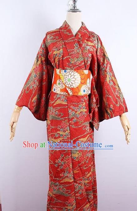 Asian Japanese Ceremony Printing Sakura Red Kimono Dress Traditional Japan Yukata Costume for Women