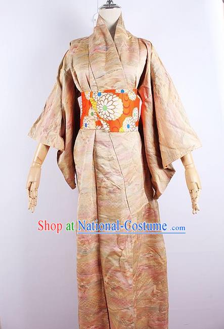 Asian Japanese Ceremony Printing Champagne Kimono Dress Traditional Japan Yukata Costume for Women