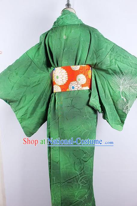 Asian Japanese Ceremony Printing Pine Green Kimono Dress Traditional Japan Yukata Costume for Women