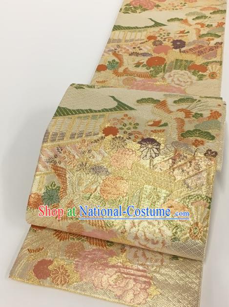 Japanese Traditional Classical Crane Peony Pattern Golden Waistband Kimono Brocade Accessories Asian Japan Yukata Belt for Women