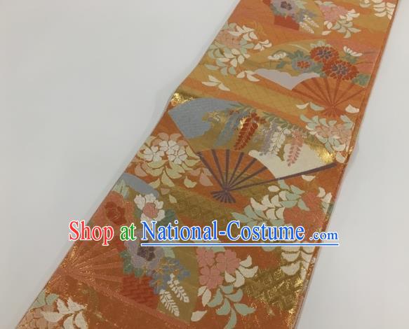 Japanese Classical Cornflower Pattern Orange Nishijin Waistband Traditional Kimono Brocade Accessories Asian Japan Yukata Belt for Women