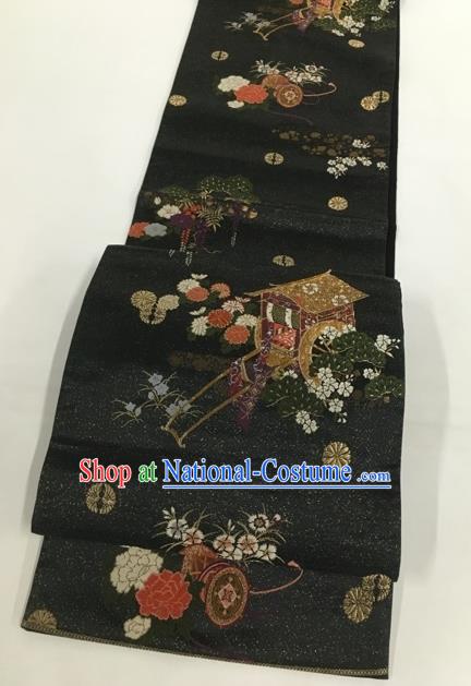 Japanese Classical Peony Gharry Pattern Black Nishijin Waistband Traditional Kimono Brocade Accessories Asian Japan Yukata Belt for Women