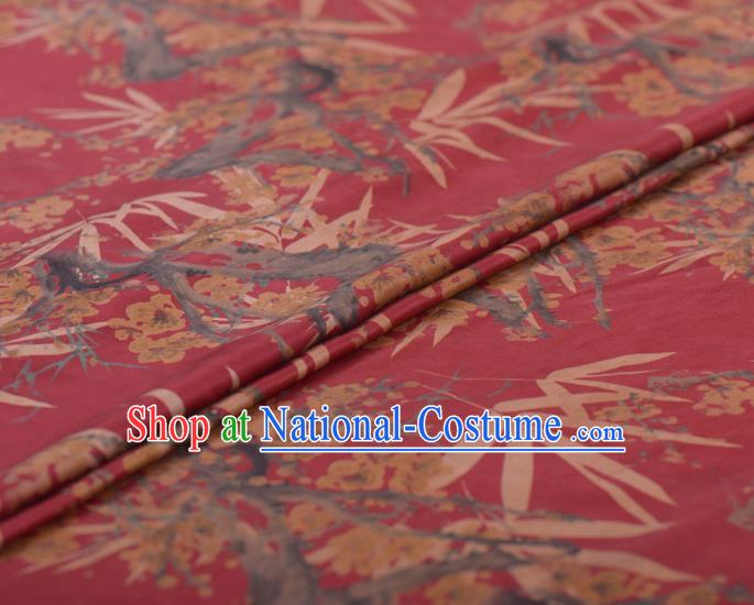 Chinese Classical Bamboo Plum Blossom Pattern Design Wine Red Gambiered Guangdong Gauze Traditional Asian Brocade Silk Fabric