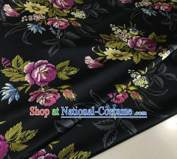 Asian Chinese Classical Roses Pattern Black Brocade Satin Drapery Traditional Cheongsam Brocade Silk Fabric