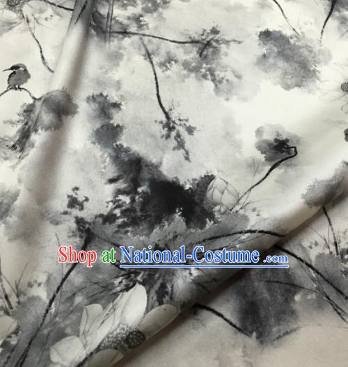 Asian Chinese Classical Ink Painting Lotus Pattern Brocade Satin Drapery Traditional Cheongsam Brocade Silk Fabric