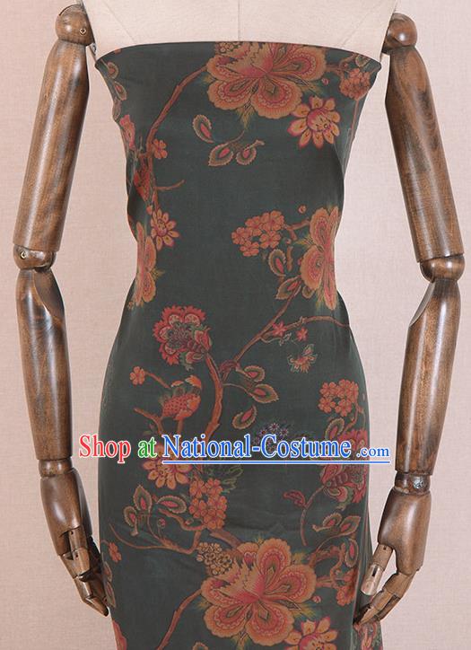 Asian Chinese Classical Peach Blossom Pattern Olive Green Gambiered Guangdong Gauze Traditional Cheongsam Brocade Silk Fabric