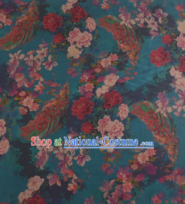 Asian Chinese Classical Peacock Peony Pattern Green Gambiered Guangdong Gauze Traditional Cheongsam Brocade Silk Fabric