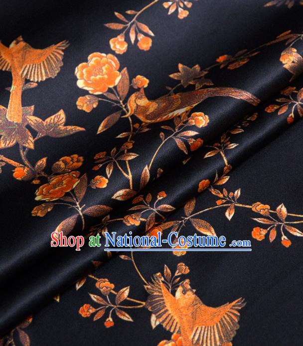 Asian Chinese Classical Birds Pattern Navy Brocade Satin Drapery Traditional Cheongsam Brocade Silk Fabric