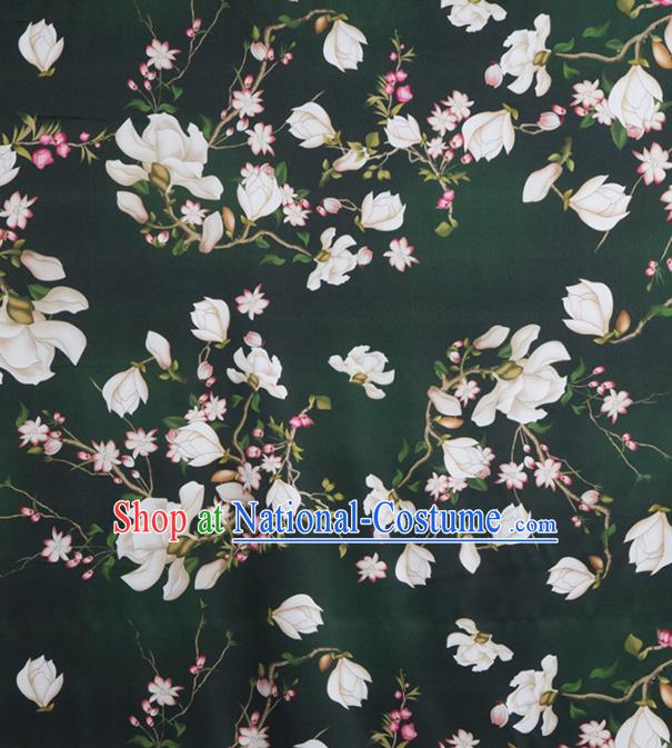 Asian Chinese Classical Yulan Magnolia Pattern Atrovirens Brocade Satin Drapery Traditional Cheongsam Brocade Silk Fabric