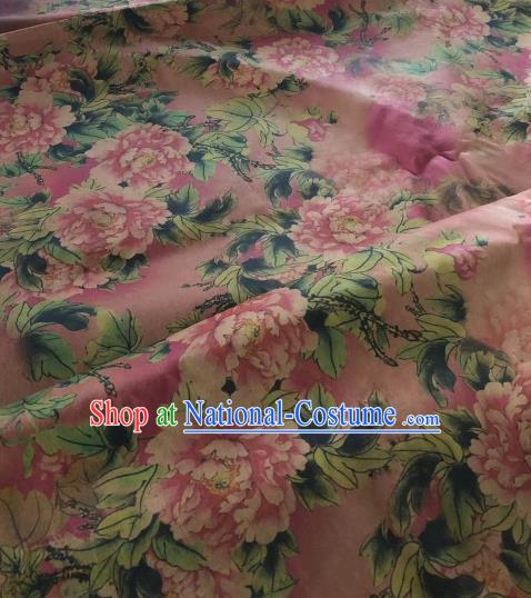 Asian Chinese Classical Peony Pattern Pink Satin Drapery Gambiered Guangdong Gauze Brocade Traditional Cheongsam Brocade Silk Fabric