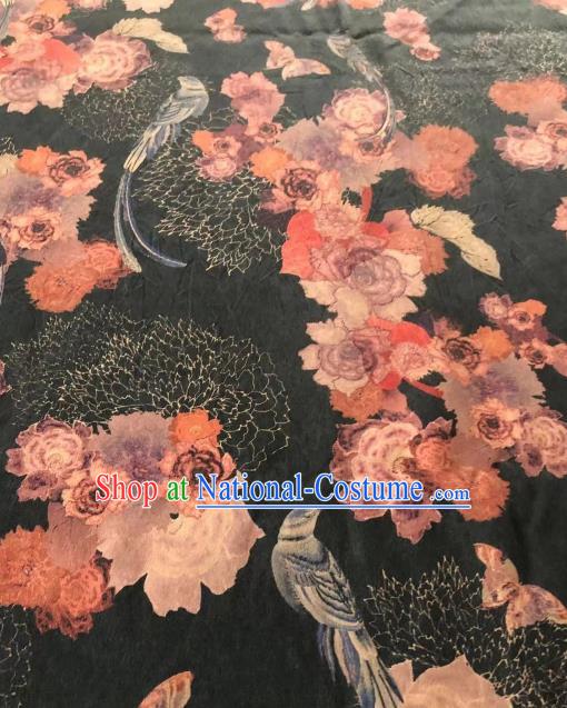 Asian Chinese Classical Peony Pattern Black Satin Drapery Gambiered Guangdong Gauze Brocade Traditional Cheongsam Brocade Silk Fabric