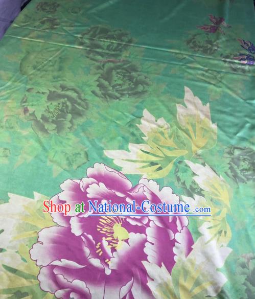 Asian Chinese Classical Peony Pattern Green Satin Drapery Gambiered Guangdong Gauze Brocade Traditional Cheongsam Brocade Silk Fabric